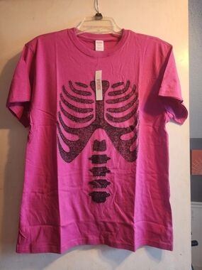PINK Victoria's Secret Hot Pink Tee with Black Crystal Ribcage Graphic